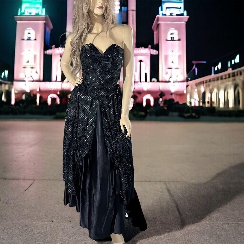 80s Black Wedding Dress XS‎ Goth | Satin Iridescent Lace Strapless Tulle Gown